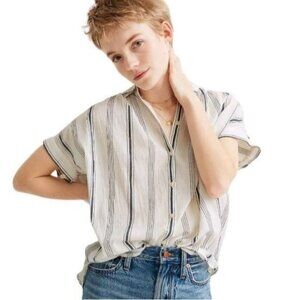 Madewell Central Women's Medium White Blue Striped Cap Sleeve Button Up Shirt